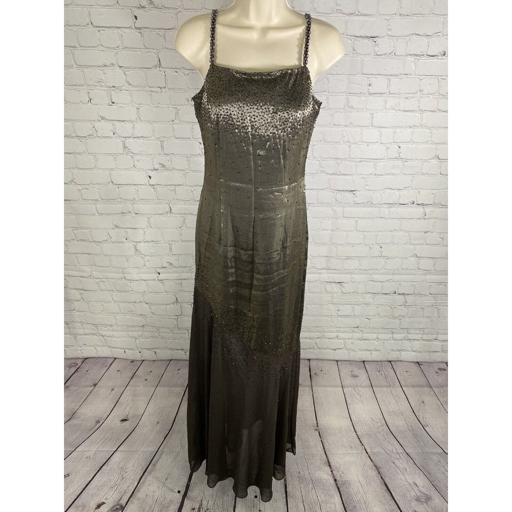 Cache Beaded Olive Green Metallic Semi Sheer Lined Body Con Prom Dress 6